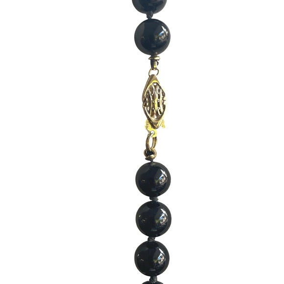 Vintage 30" Black Onyx Bead Necklace w/14K Gold Beads & Clasp 75g Estate Jewelry - Picture 4 of 6